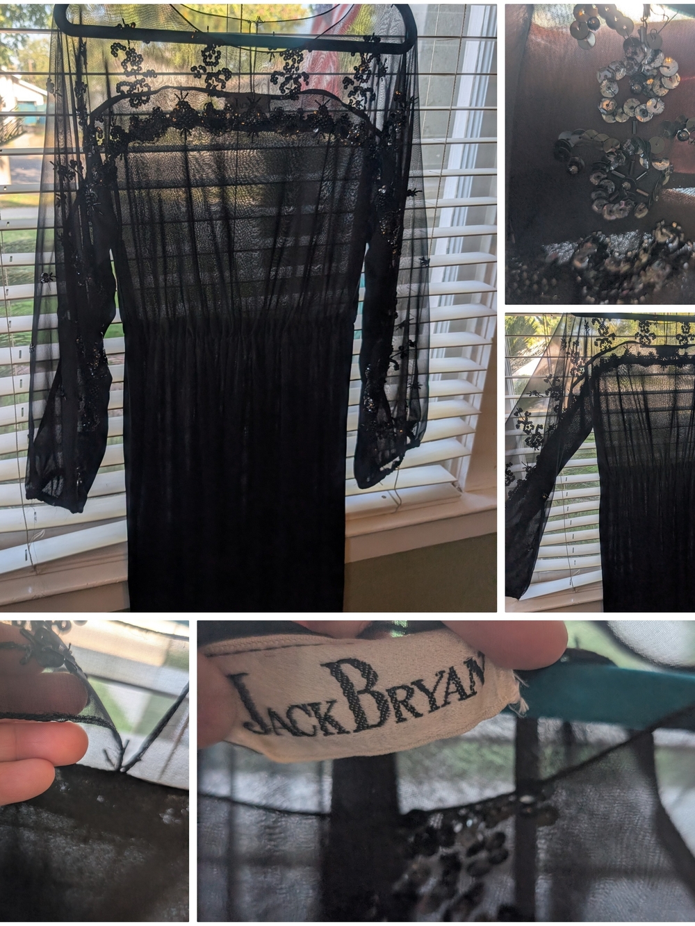 Vintage Sheer Black Long Sleeve Dress With Sequined Details